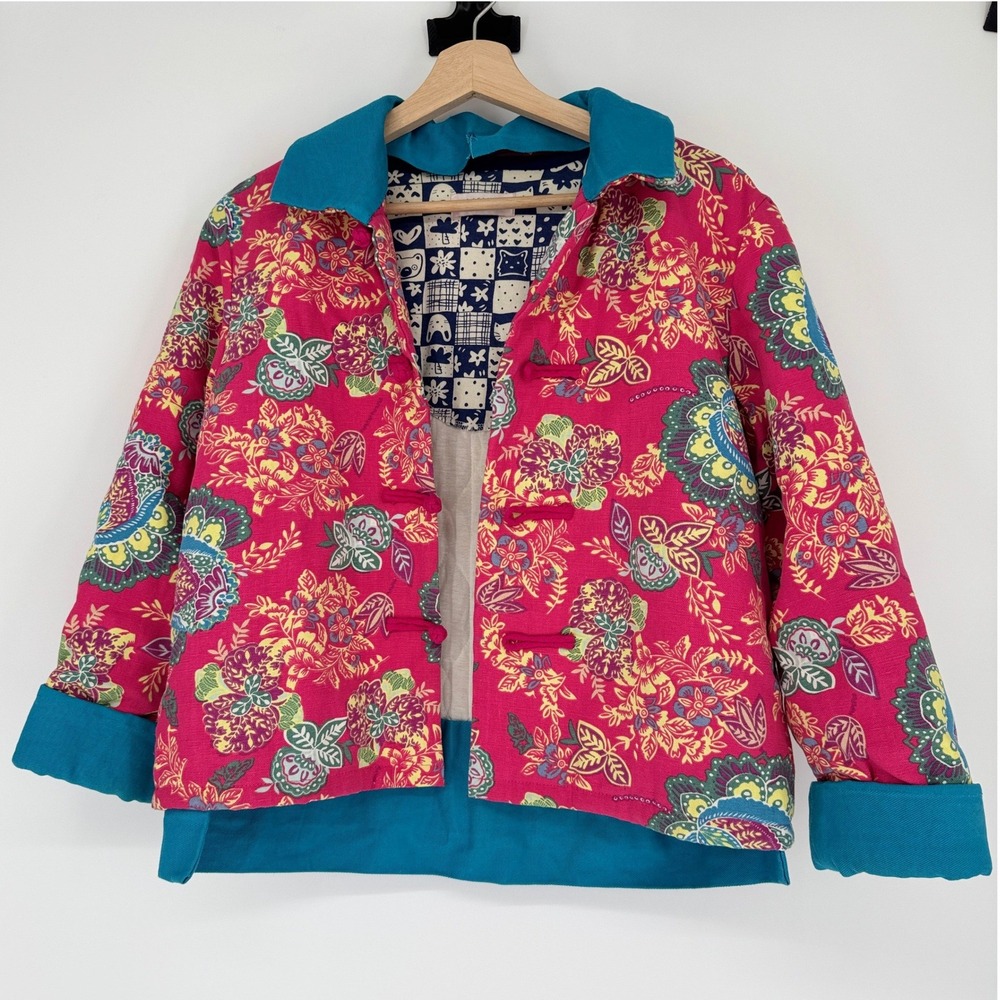 Leona Quilted Jacket M Floral Frog Closure Colorful‎ Maximalist Boho Cottagecore